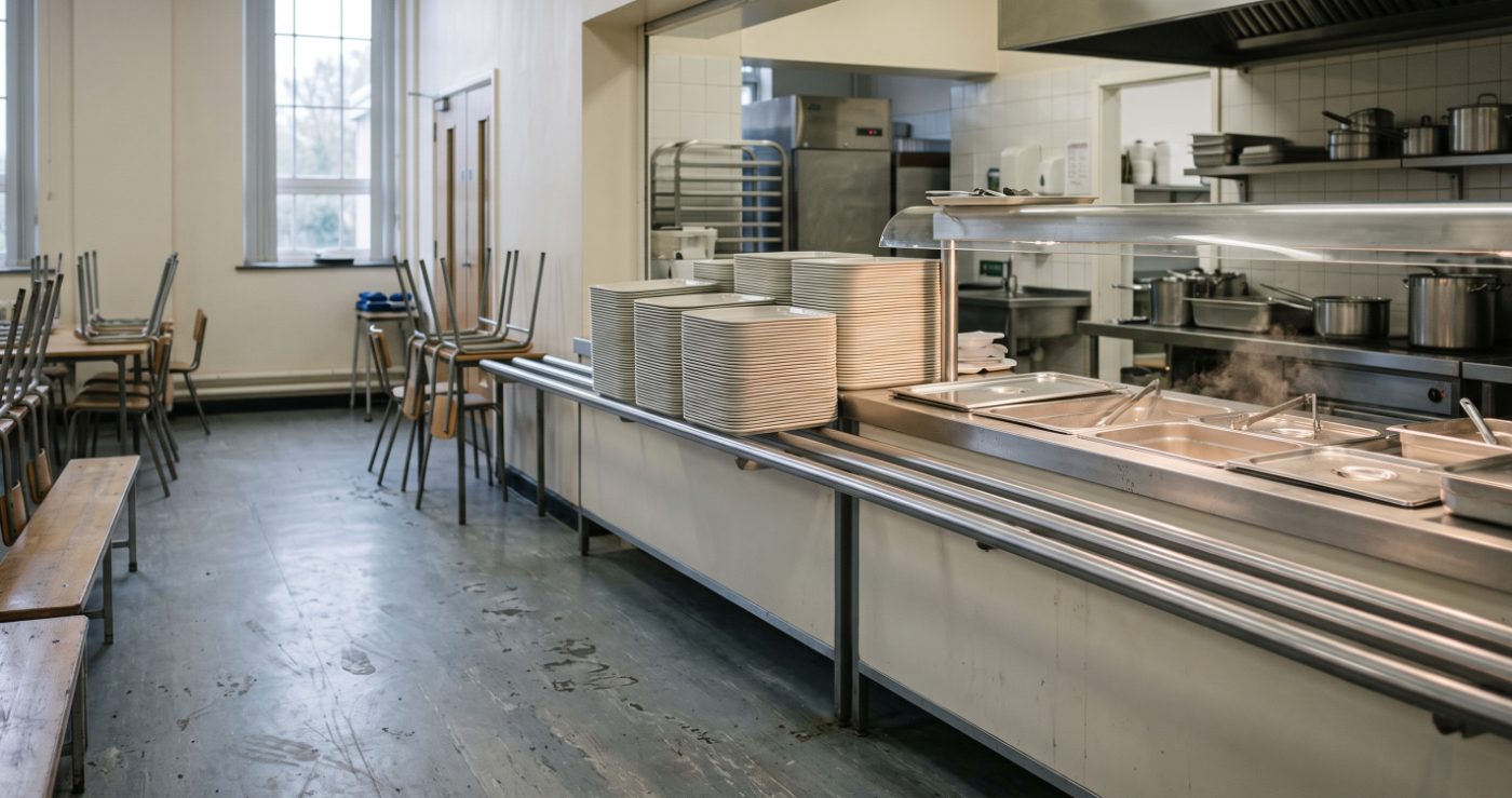 A school servery line with stacked plates and trays beside stainless-steel hot counters