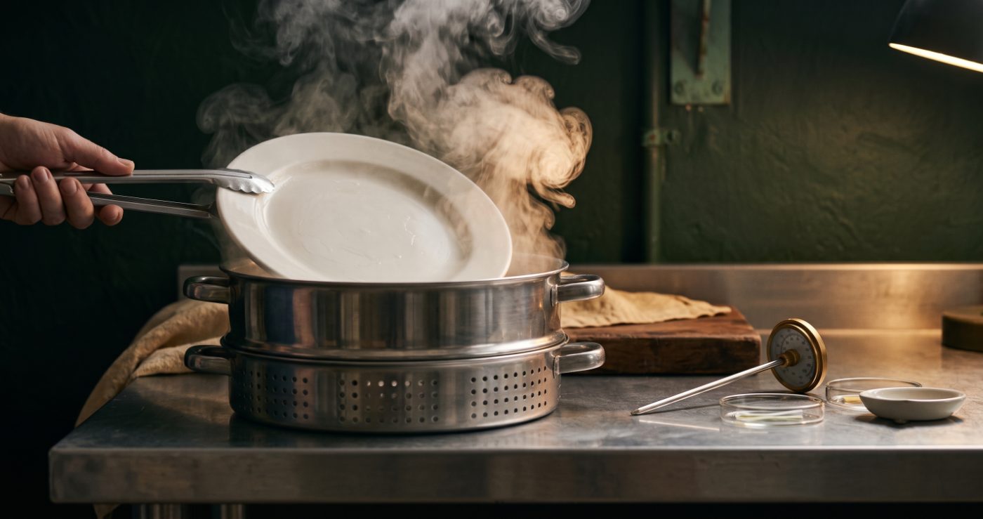 A plate lifted from a steamer, testing heat behaviour
