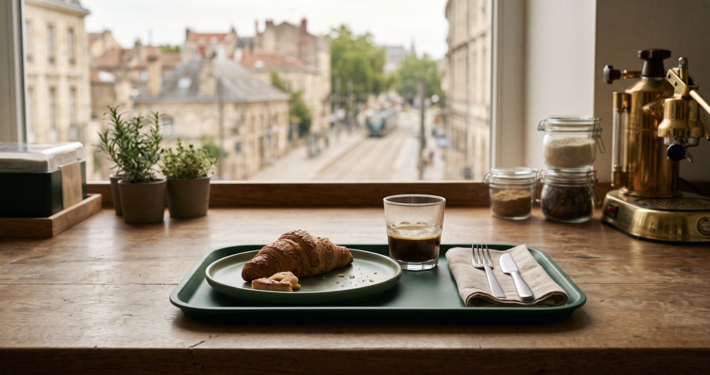 Reusable tableware beside disposable packaging on a shelf