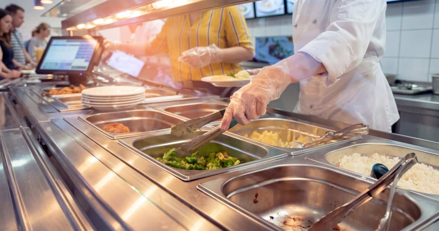 A chef plating hot food under heat lamps at service