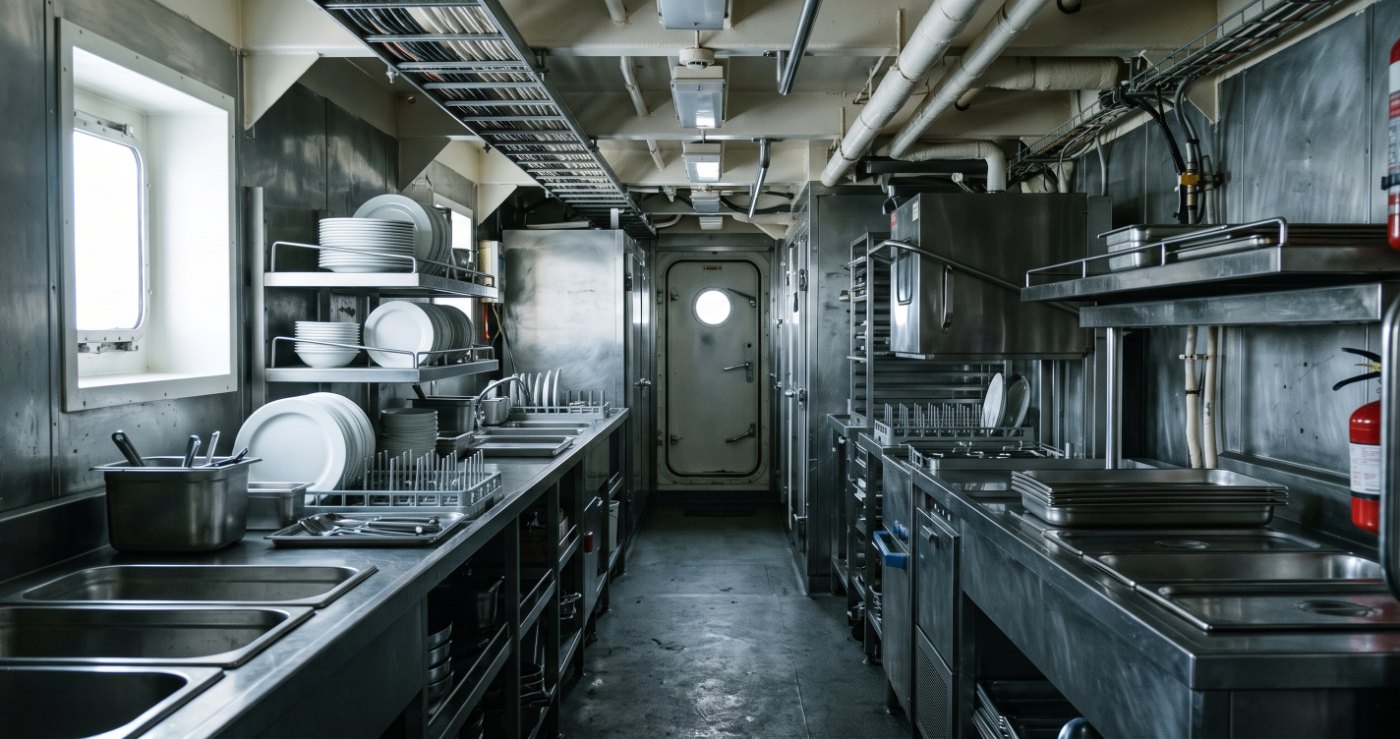 A stainless-steel ship's galley with plates, bowls and GN trays racked beside the warewashing station