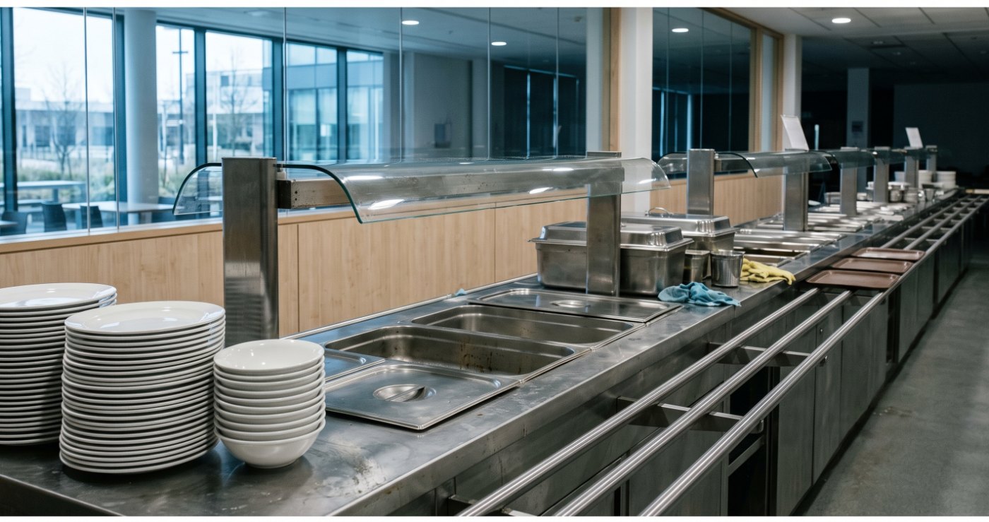 A workplace staff-restaurant service line with stacked white plates and bowls beside the hot counter