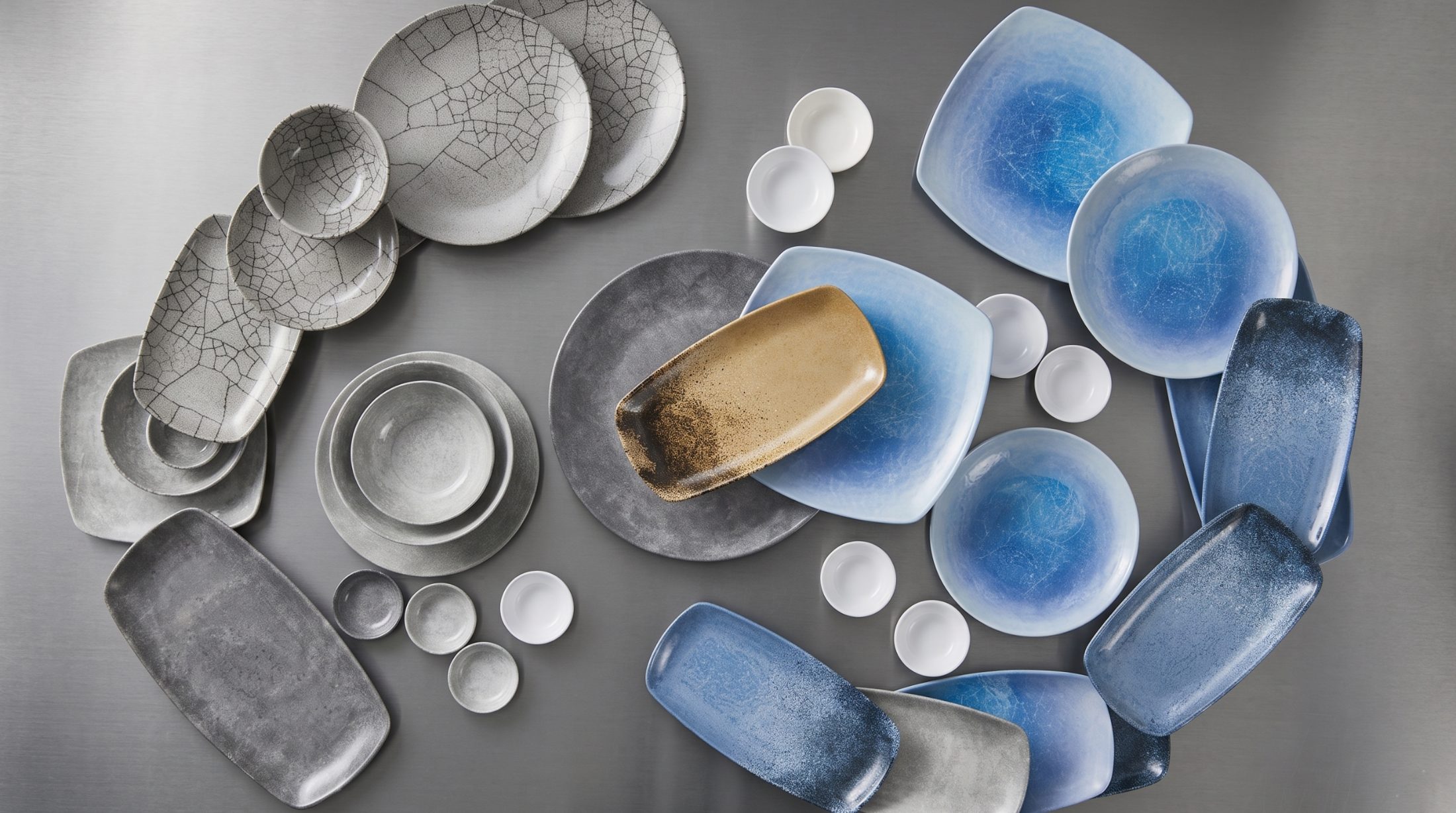 A Fourier partner collection in grey and ocean-blue finishes, laid out on brushed steel