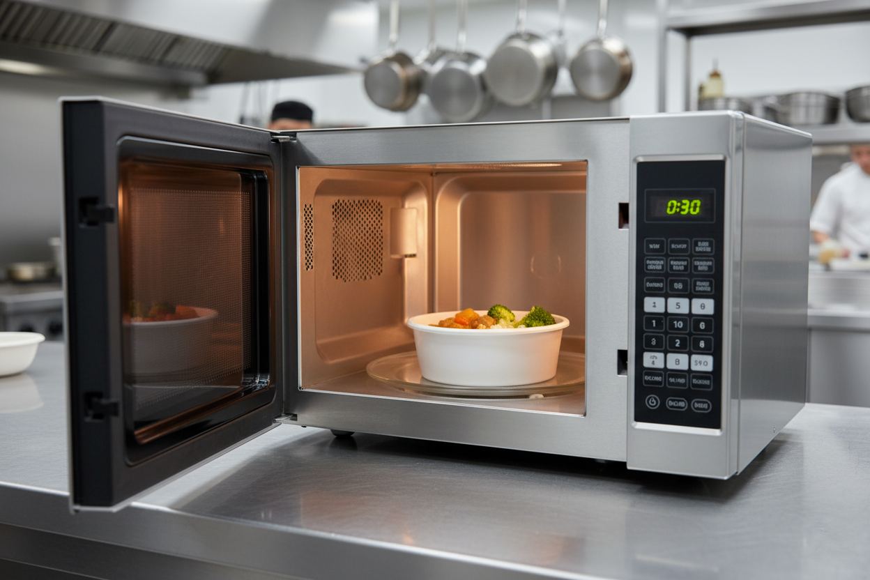A Fourier bowl of food reheating in a commercial microwave