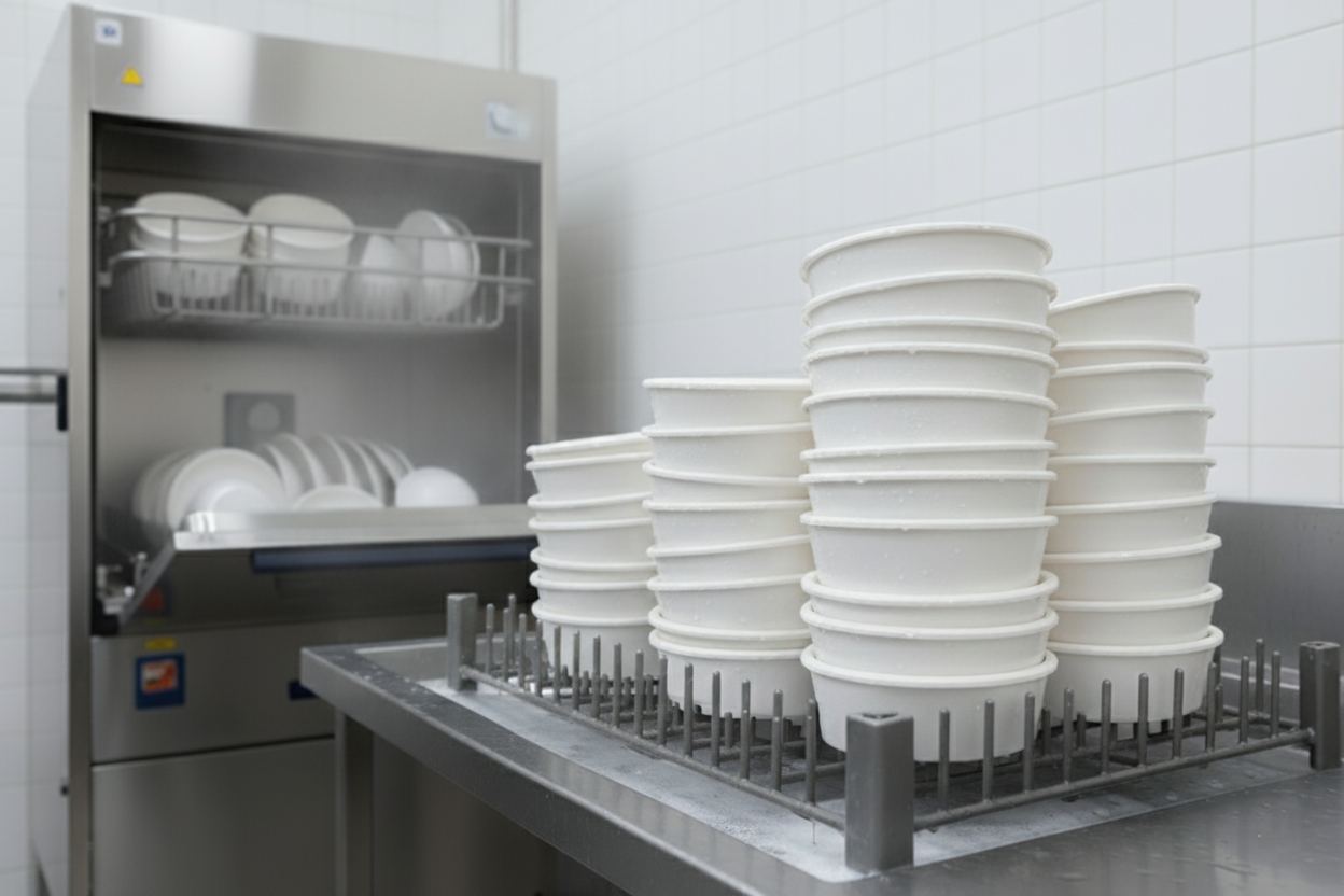 Fourier bowls stacked on a commercial dishwasher rack
