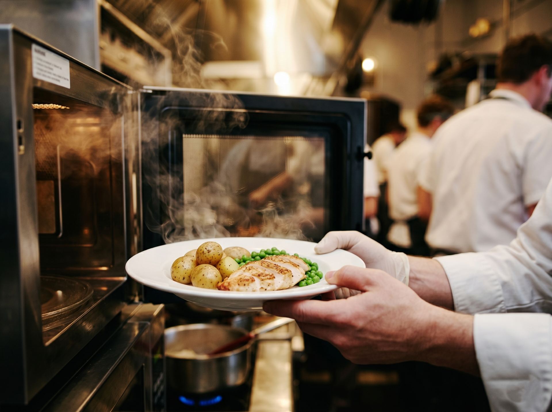 A chef removing a plated meal from a microwave at service