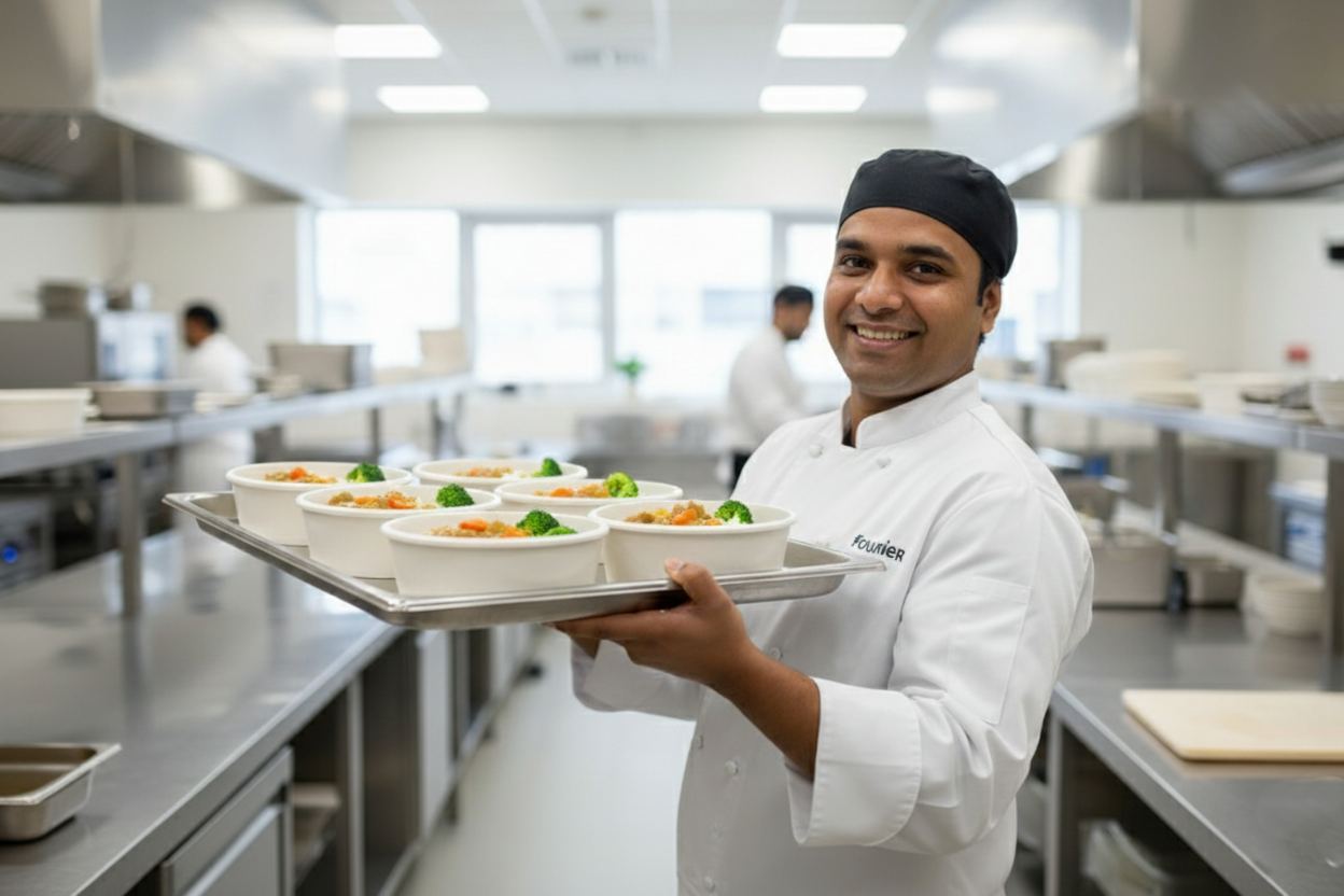 A chef carrying a tray of Fourier meal bowls through a kitchen